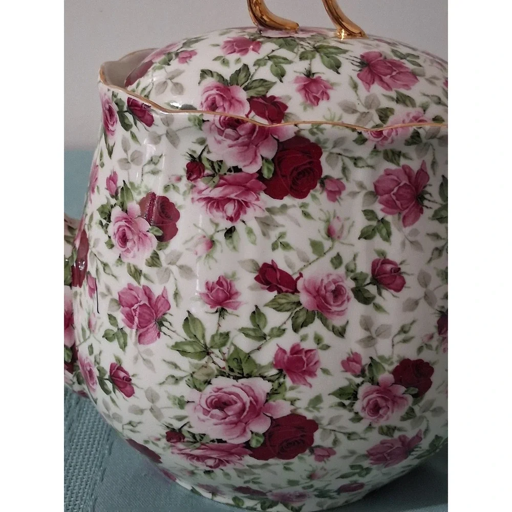 Formalities by Baum Bros Victorian Rose Chintz Teapot Pink Floral gold trim - Picture 4 of 7